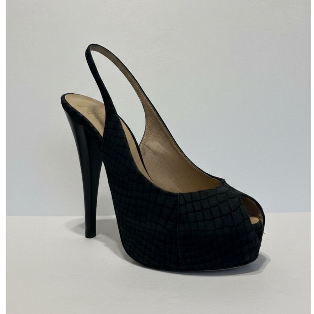Giuseppe Zanotti Python Embossed Suede Slingback Pumps IT 38.5 Black Peep Toe